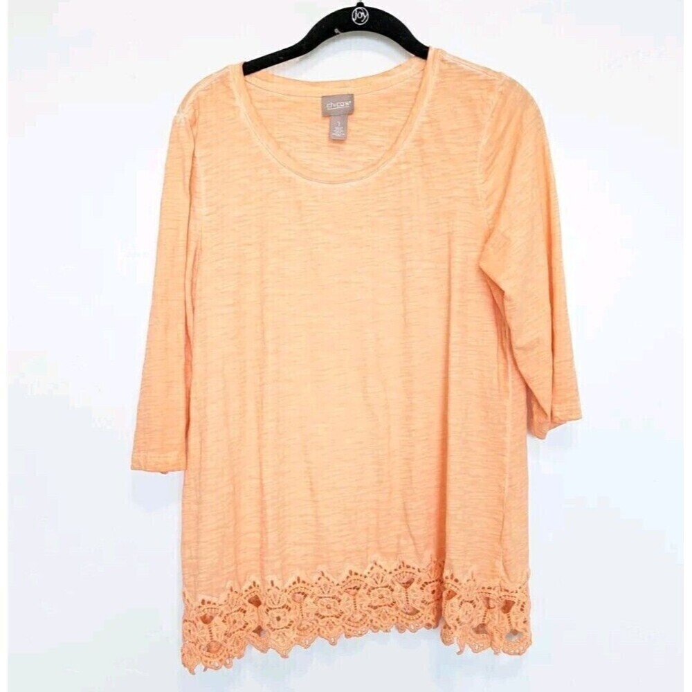 CHICOS Lace Hem Tunic Womens Size 1/Medium Orange 3/4 Sleeve Breathable Top